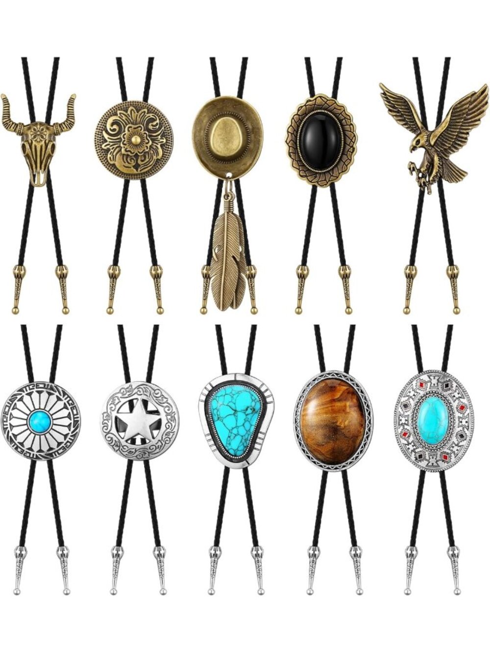 10 Pcs Western Cowboy Bolo Ties for Men, Leather Neckties with Tiger Eye Stone